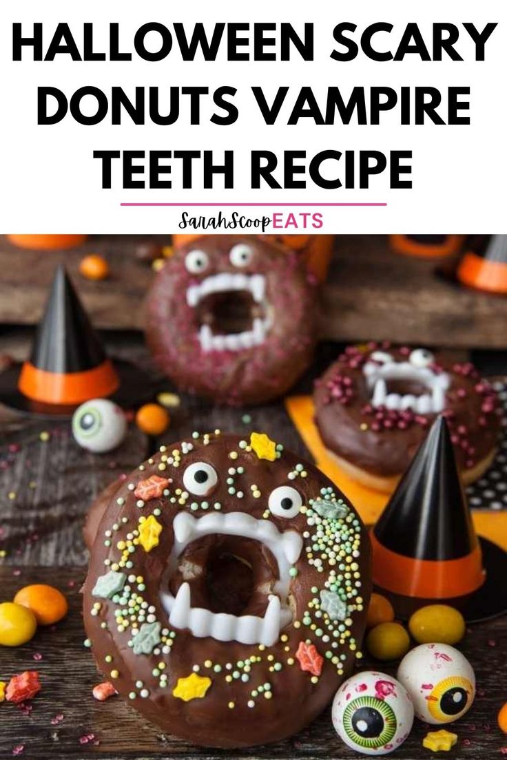 halloween scary donuts vampire teeth recipe with sprinkles and candies on the table