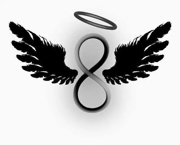 an angel symbol with black wings on a white background and the letter s in the center