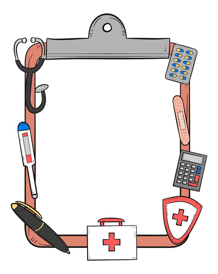 an illustration of medical supplies arranged in a rectangle with a clipboard and pen