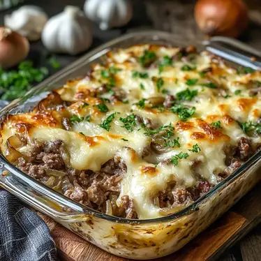 a casserole dish with meat, cheese and parsley on a cutting board