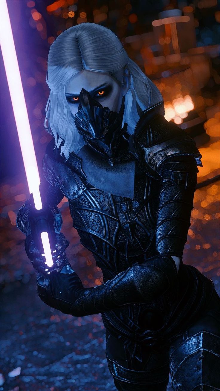 a woman dressed as darth vader holding a light saber in the dark side