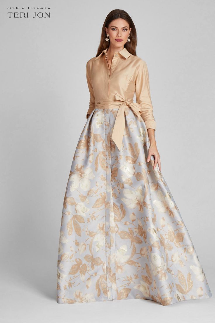 Taffeta Shirt Gown With Jacquard Floral Skirt – Terijon.com Shirt Gown, Elegant Shirt Dress, Organza Gowns, Teri Jon, Organza Skirt, Jacquard Skirt, Jacquard Shirt, Mother Of Groom Dresses, Evening Party Gowns