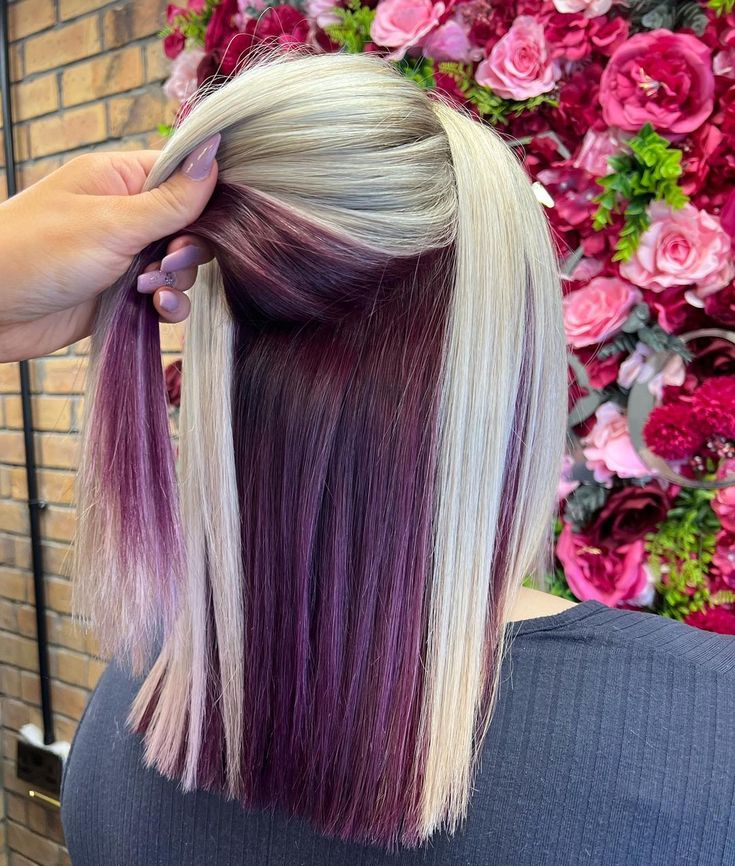 𝕋𝕙𝕖 ℝ𝕠𝕠𝕞𝕤 | Transformation by our Stylist Zara! 😍 Highlights with a pop of purple underneath for the perfect contrast!🤍💜 Still keeping that… | Instagram Blonde Hair With Purple Underneath, Blonde And Purple Hair, Purple Underneath Hair, Blonde And Purple, Purple Hair Ideas, Purple Blonde Hair, Red Purple Hair, Purple Blonde, Champagne Blonde Hair