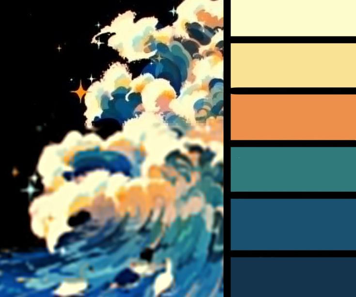 the color scheme is blue, yellow, and green with an image of a crashing wave