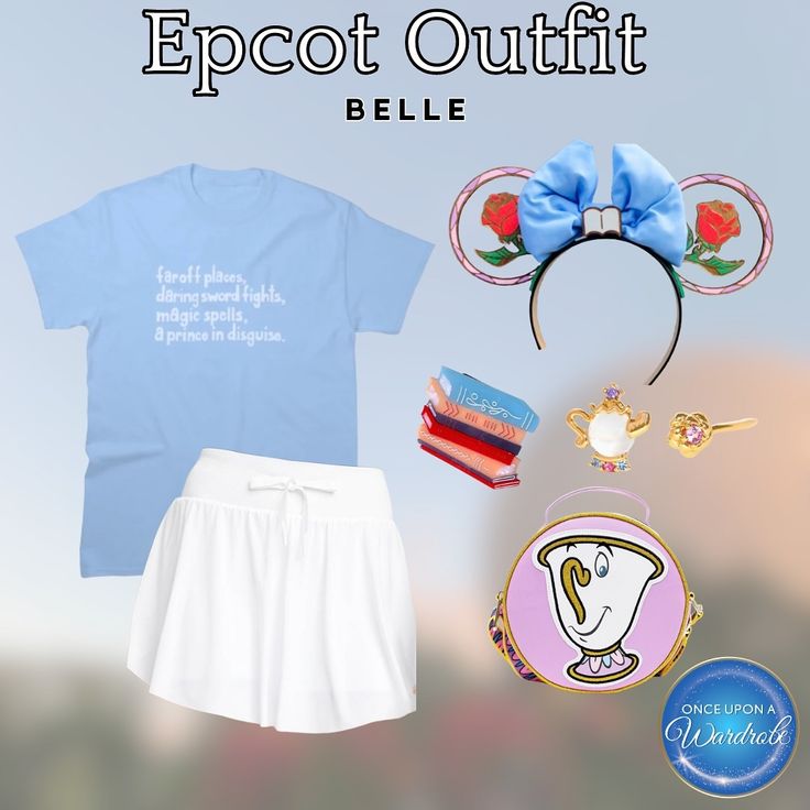 a blue shirt and white skirt with mouse ears on the head is next to an earband that says epcott outfit belie