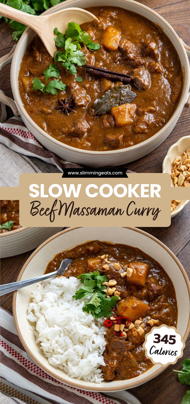 slow cooker beef massaman curry with rice and garnishes