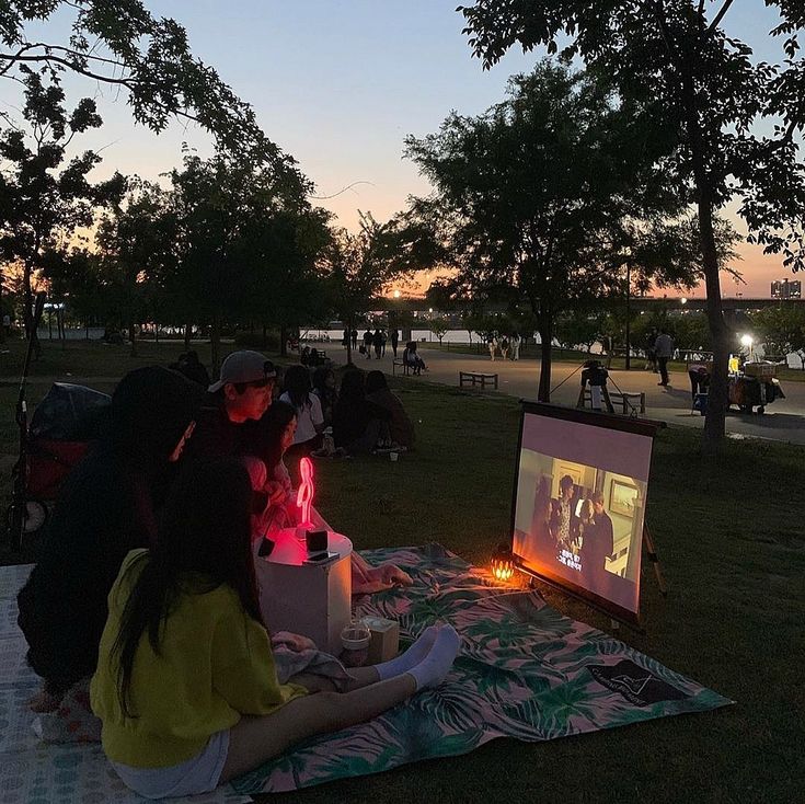 people sitting on a blanket in the park at night watching movies and drinking wine from bottles