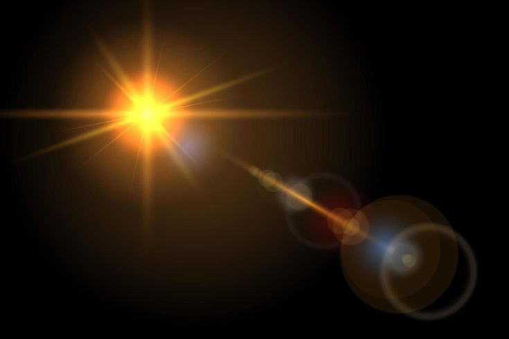 the sun shines brightly on a black background with lens flares in the foreground