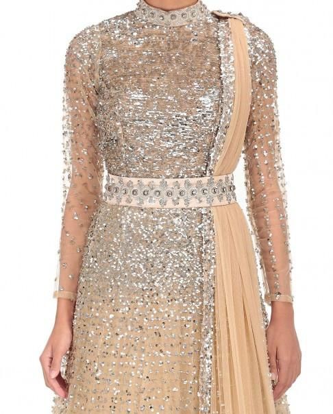 Beige Color Indo Western Gown Glamorous Festive Gown With Contrast Sequin, Festive Contrast Sequin Gown For Gala, Festive Contrast Sequin Gala Gown, Festive Floor-length Evening Dress With Contrast Sequin, Floor-length Evening Dress With Contrast Sequin For Festivities, Festive Floor-length Sequin Dress, Fitted Wedding Gown With Contrast Sequin Details, Champagne Wedding Dress With Contrast Sequin, Beige Bollywood Dress For Reception