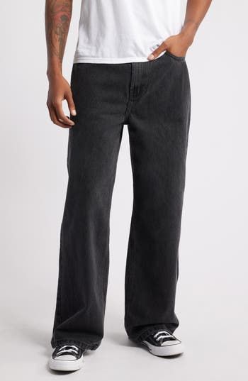 Broadcasting a vintage-inspired wash, these nonstretch baggy jeans are the ones to wear for channeling retro style. 30 1/2" inseam; 23" leg opening; 13" front rise; 16 1/2" back rise (size 32) Exclusive retailer Zip fly with button closure Five-pocket style 100% cotton Machine wash, tumble dry Imported Mens Black Baggy Jeans, Straight Washed Black Bottoms For Fall, Retro Washed Straight Leg Bottoms, Retro Straight Leg Washed Bottoms, Relaxed Fit Washed Flare Jeans, Washed Black Straight Jeans For Streetwear, Washed Black Straight Rigid Denim Bottoms, Urban Style Washed Relaxed Fit Flare Jeans, Washed Black Straight Leg Jeans