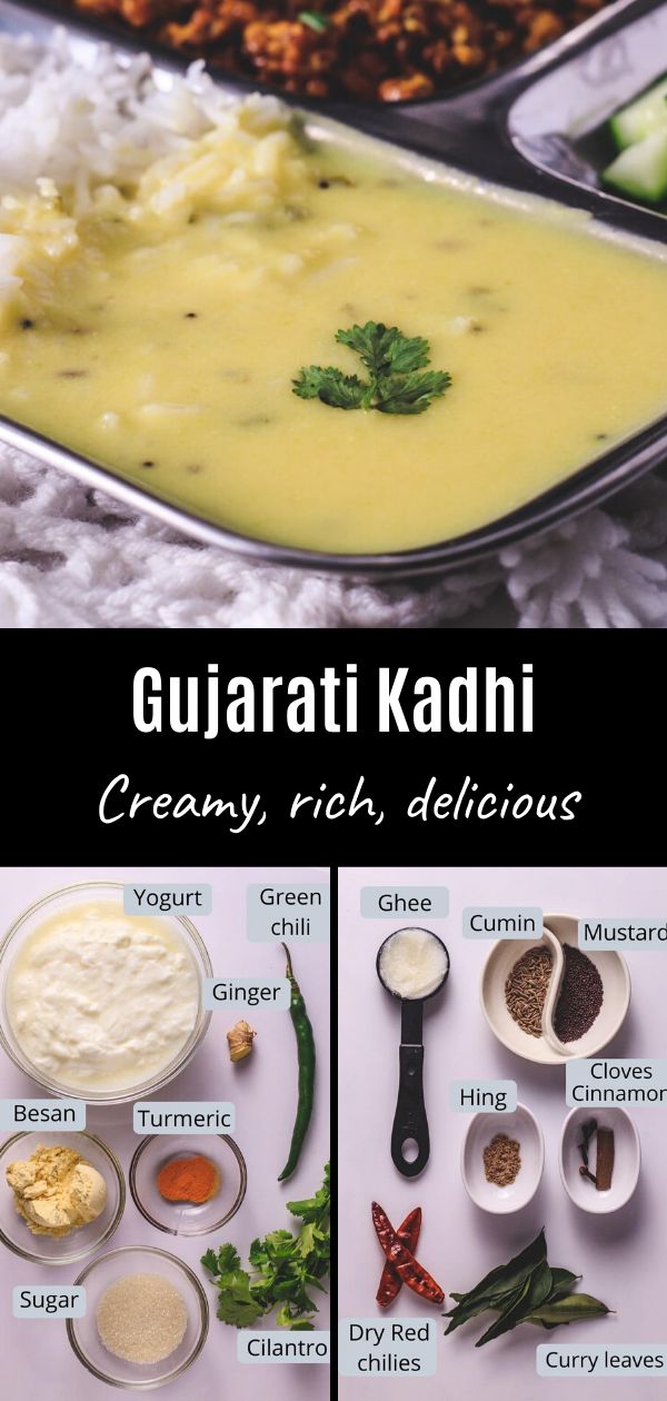 the ingredients for gujurati kadi are shown in separate bowls and on separate trays