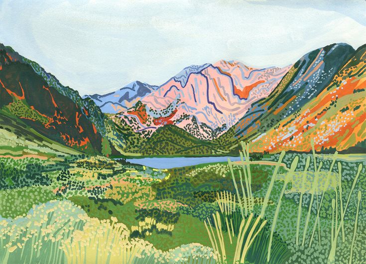 an image of a painting of mountains in the background with grass and flowers on the foreground