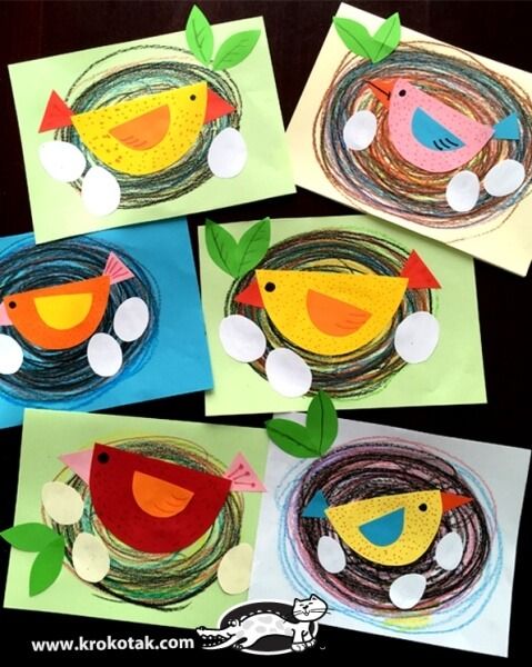 four different pictures of birds in a nest made out of paper and colored construction paper