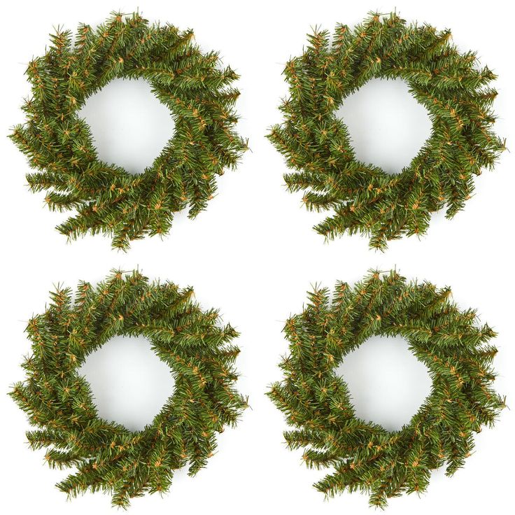 four green wreaths are arranged in the shape of a circle on a white background