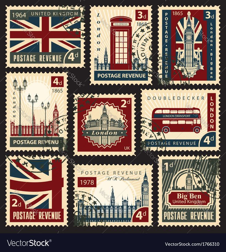 postage stamps with the british flag and symbols on them, all printed in different colors