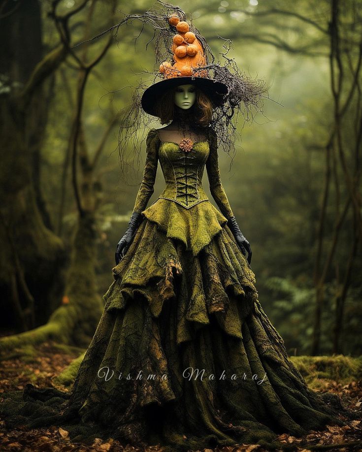 a woman in a green dress and black hat standing in the woods with an orange pumpkin on her head