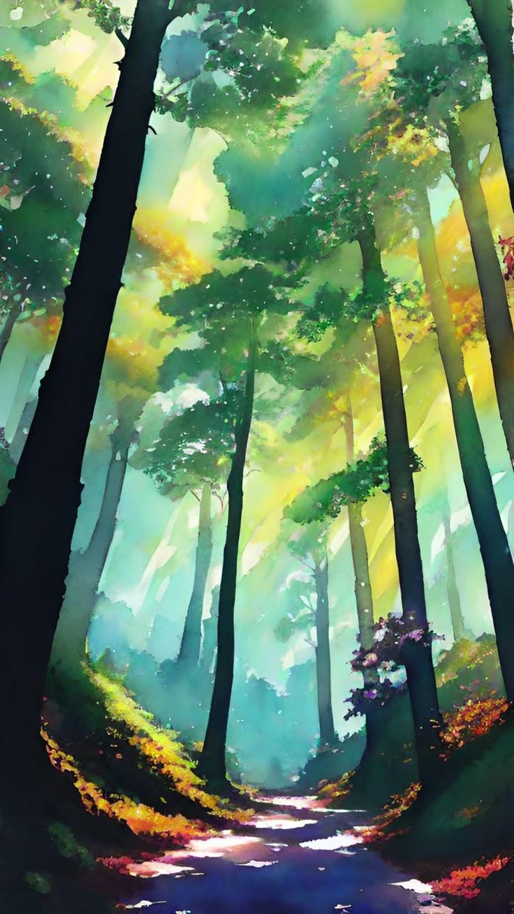 a painting of a forest with trees and sun shining through the leaves on the ground