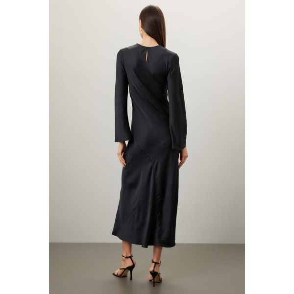 Black satin (52% Lenzing‚Ñ¢ Ecovero‚Ñ¢  Viscose, 48% Viscose). Shift. Long sleeves. Crewneck. Back button closure. 32" from shoulder to hemline. Imported. Sleek Viscose Midi Dress For Evening, Bias Cut Dress For Workwear, Black Viscose Midi Dress For Formal Occasions, Fitted Long Sleeve Bias Cut Midi Dress, Sleek Fitted Silk Dress For Spring, Fitted Viscose Silk Dress For Workwear, Fitted Viscose Dress For Work, Silk Bias Cut Dress For Workwear, Black Silk Dress For Work