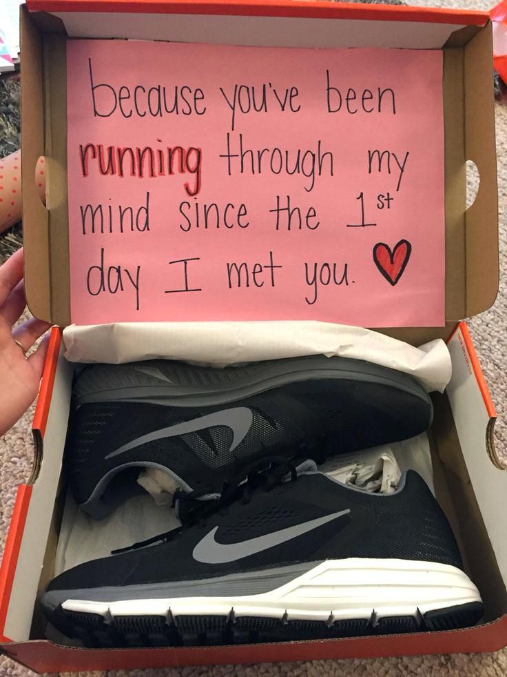 someone is holding up a box with a pair of shoes in it that says, because you've been running through my mind since the 1st day i met you