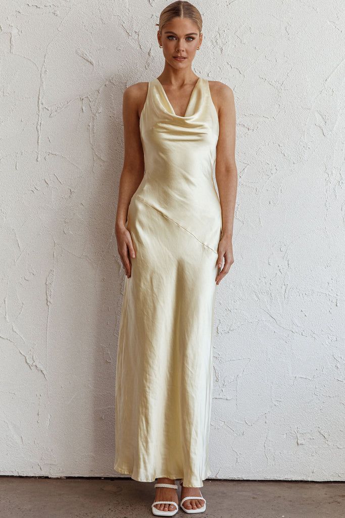 Butter Yellow Satin Dress, Butter Bridesmaid Dresses, Pale Yellow Satin Bridesmaid Dresses, Yellow Satin Bridesmaid Dresses, Butter Yellow Bridesmaid Dresses, Bridal Shower Outfit For Guest Summer, Butter Yellow Dress, Pale Yellow Wedding Theme, Cowl Neck Bridesmaid Dress