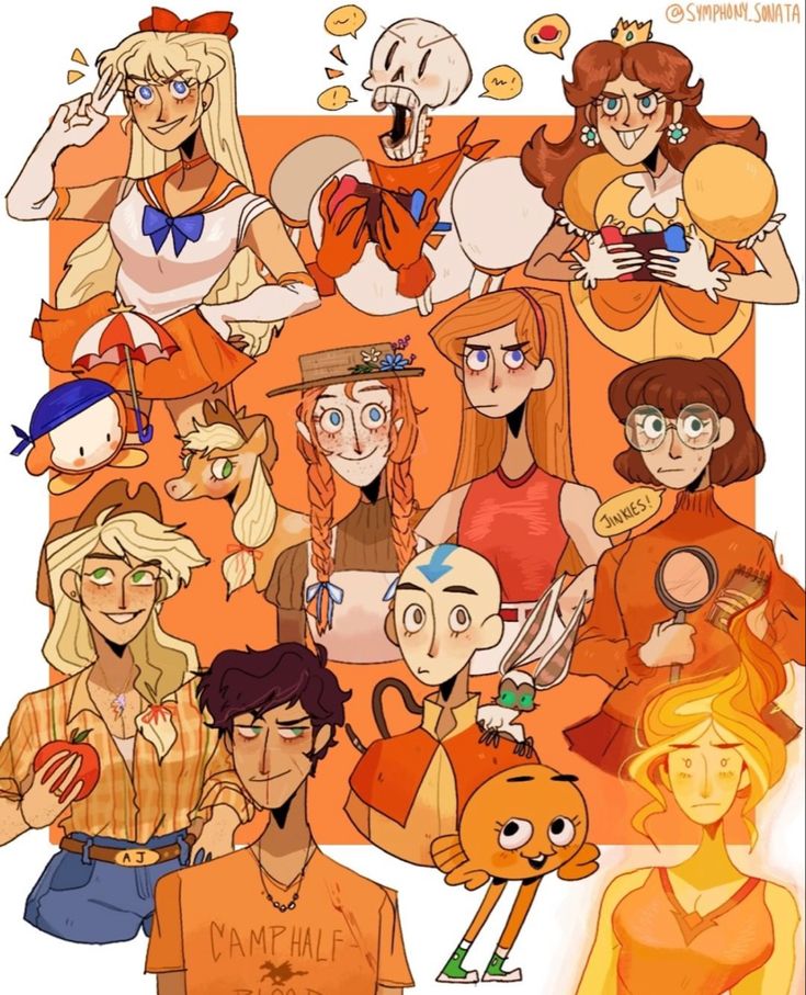 an image of many cartoon characters with different facial expressions and hair colors, all in orange