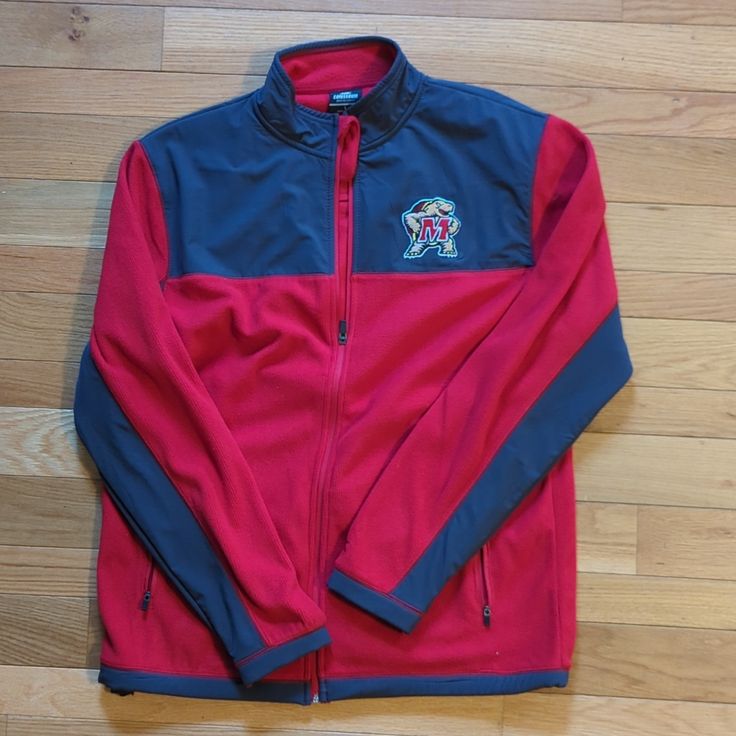 Nwot University Of Maryland Red Fleece Jacket With Windbreaker-Ish Gray Accents. Men's Large. Sporty Red Fleece Jacket For Fall, Red Fleece Outerwear For Outdoor Activities, Winter Fleece Outerwear For College, Sports Outerwear With Fleece Lining, Fleece Outerwear With Fleece Lining For Sports, Collegiate Style Winter Fleece Outerwear, University Red Track Jacket For Winter Sports, Winter Sports Track Jacket In University Red, University Red Winter Sports Outerwear