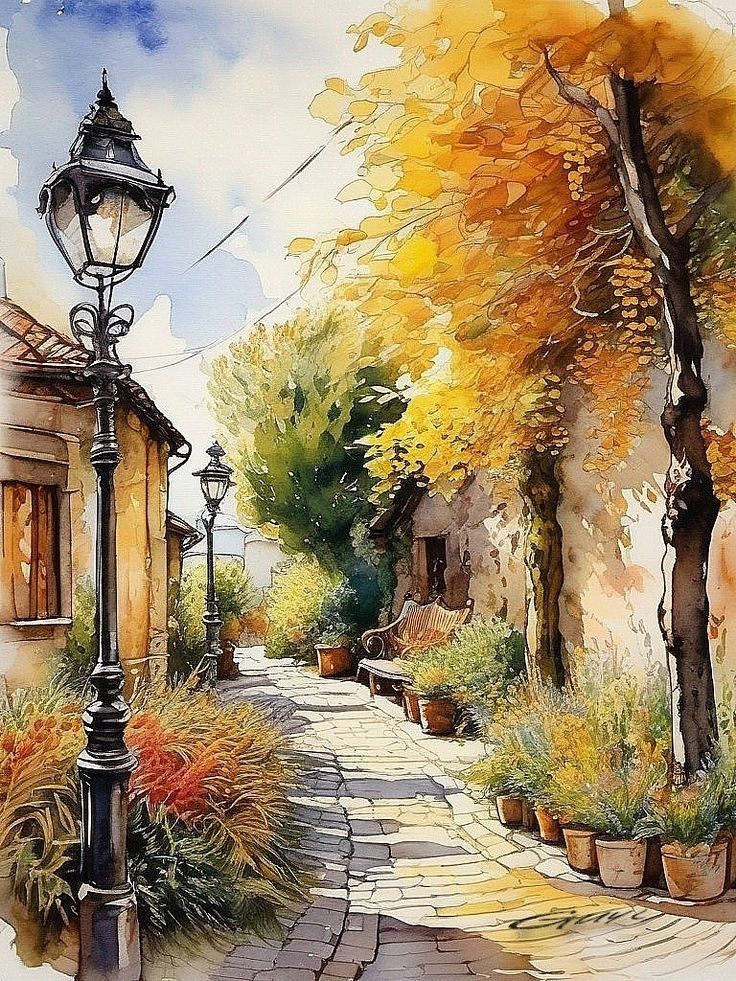 a painting of a street light next to a tree filled with yellow leaves and potted plants