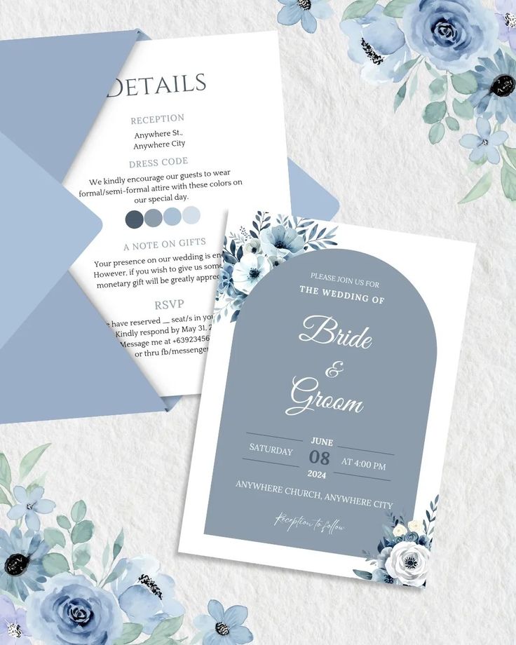 two wedding cards with blue flowers and greenery on the front, one in grey