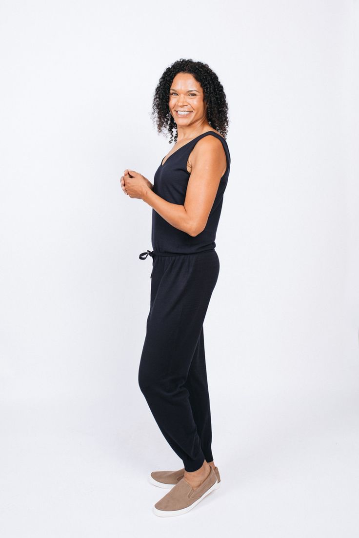 The best part about a jumpsuit is that you have an entire outfit in one piece. It feels like a sweatsuit but looks stylish and polished. The drawstring waist is adjustable and made to flatter. We’ve paired this piece with sneakers and a jean jacket for a stylish weekend ensemble. It also looks great with the Peg hoodie for a sportier look. The jumpsuit paired with a long-sleeved shirt layered underneath is another great look. Relaxed Fit Jumpsuits And Rompers For Athleisure, Relaxed Fit Athleisure Jumpsuits And Rompers, Sporty Relaxed Fit Jumpsuits And Rompers For Loungewear, Athleisure Activewear For Lounging With Drawstring, Athleisure Activewear With Drawstring For Lounging, Versatile Jumpsuits And Rompers For Loungewear, Versatile Jumpsuits And Rompers For Loungewear With Elastic Waistband, Overall Jumpsuits And Rompers With Elastic Waistband For Loungewear, Casual Black Activewear For Lounging