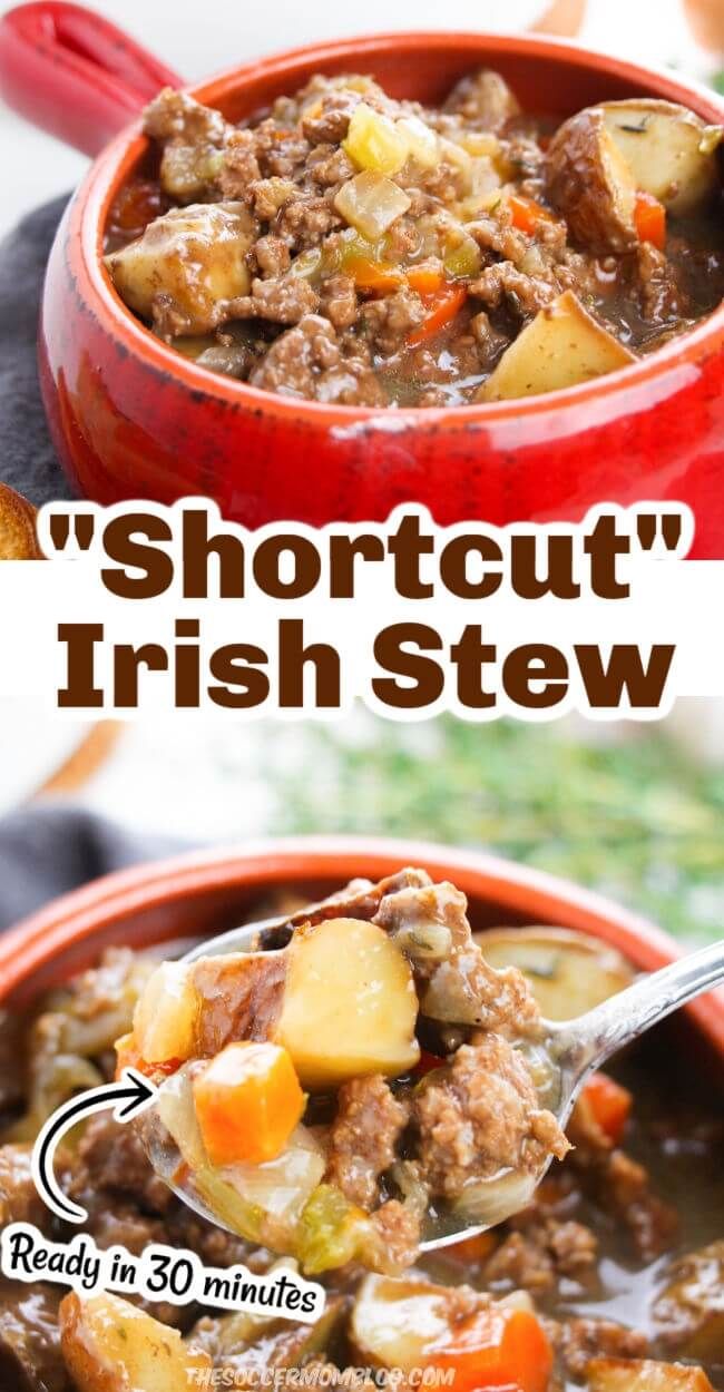 a bowl of beef stew with potatoes and carrots is shown in the foreground