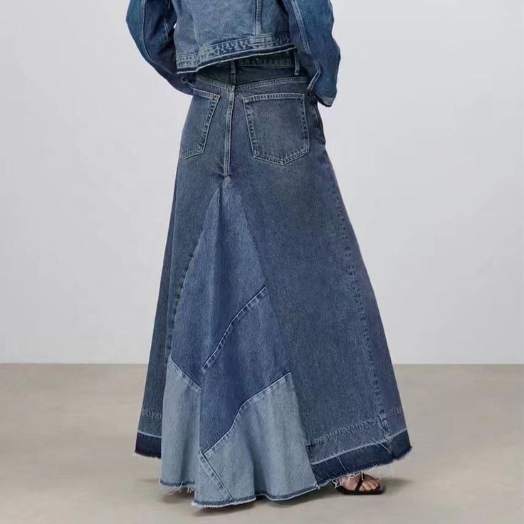 Spring Denim Skirt With Patchwork, Casual Denim Patchwork Skirt, Denim Blue Patchwork Skirt For Summer, Spring Denim Patchwork Skirt, Spring Denim Blue Skirt With Patchwork, Spring Denim Blue Patchwork Denim Skirt, Summer Denim Blue Patchwork Skirt, Trendy Blue Patchwork Skirt, High Waist Patchwork Blue Denim Skirt