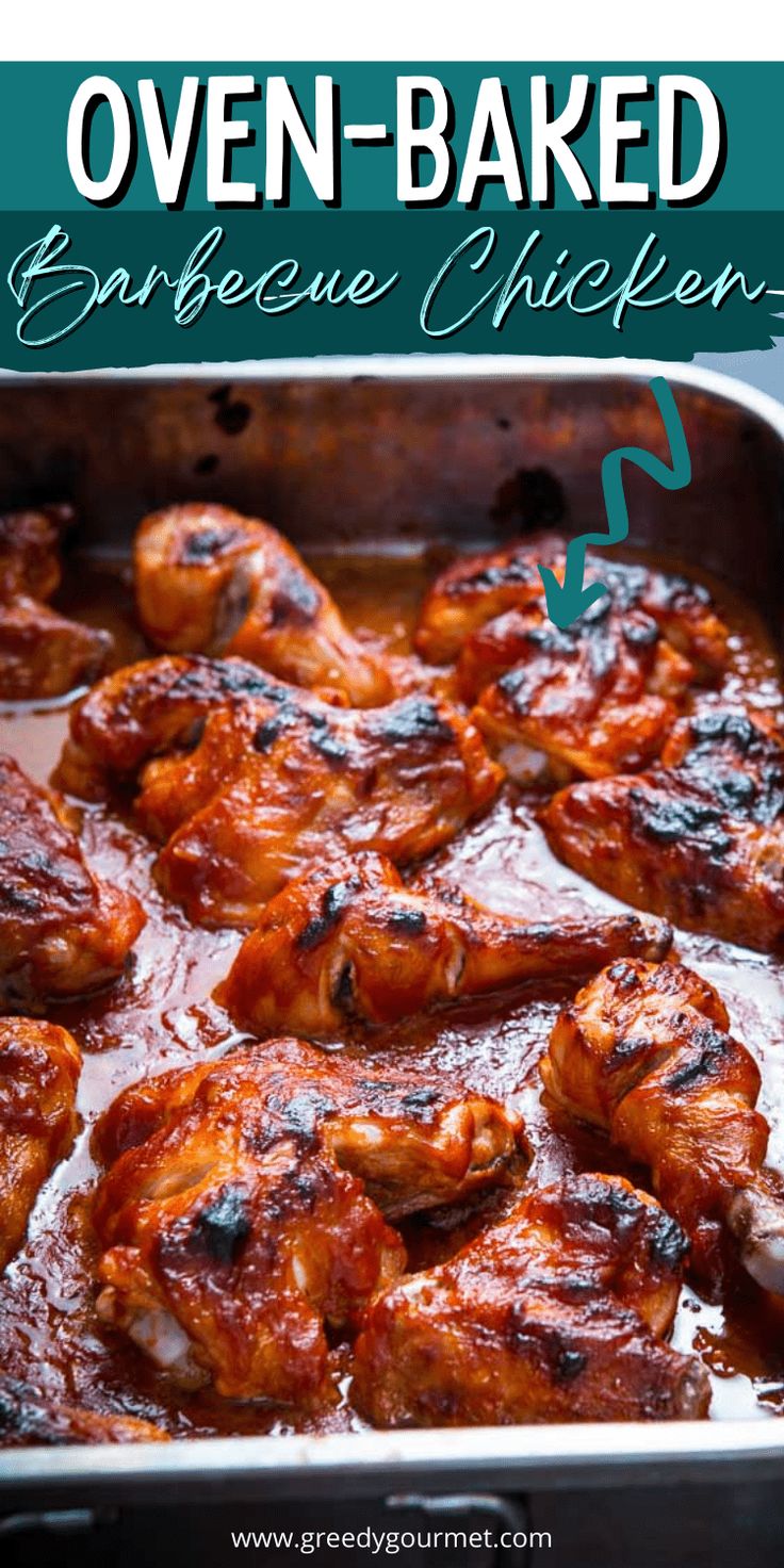 oven baked barbecue chicken in a pan with text overlay