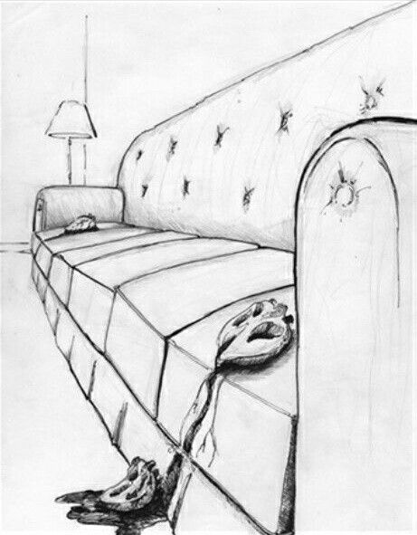 a drawing of a couch with a bird on the floor next to it and a lamp