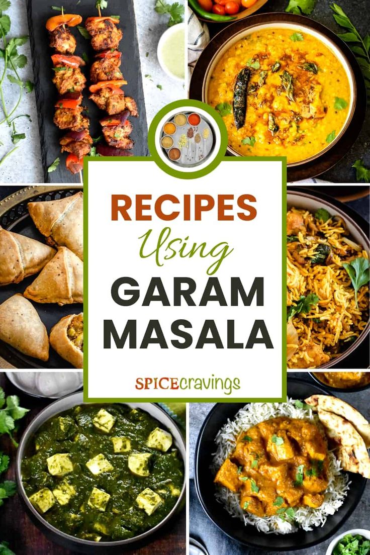 various images of different types of food with the words recipes using garam masala