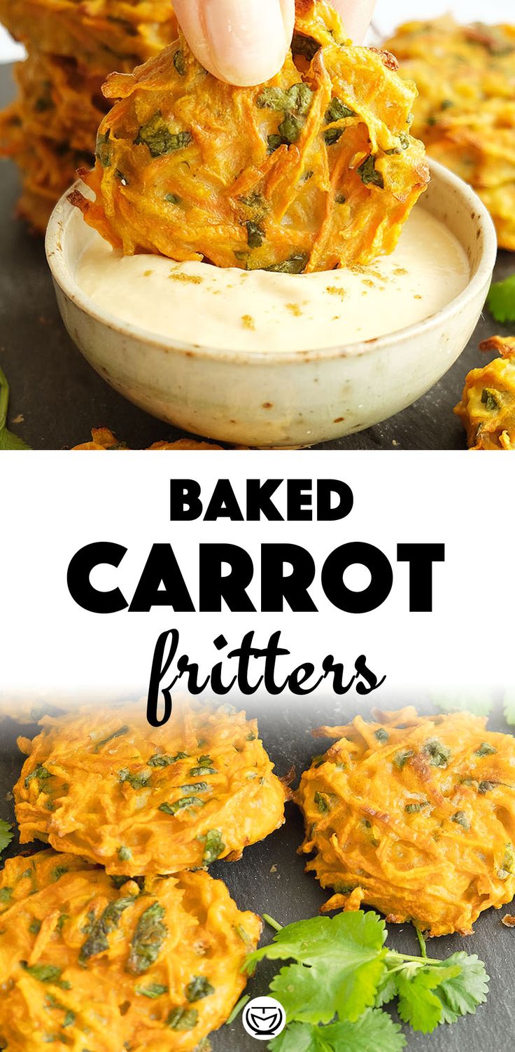 baked carrot fritters in a white bowl with the title above it