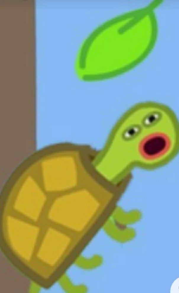 an animated image of a tortoise being chased by a flying green leafy object