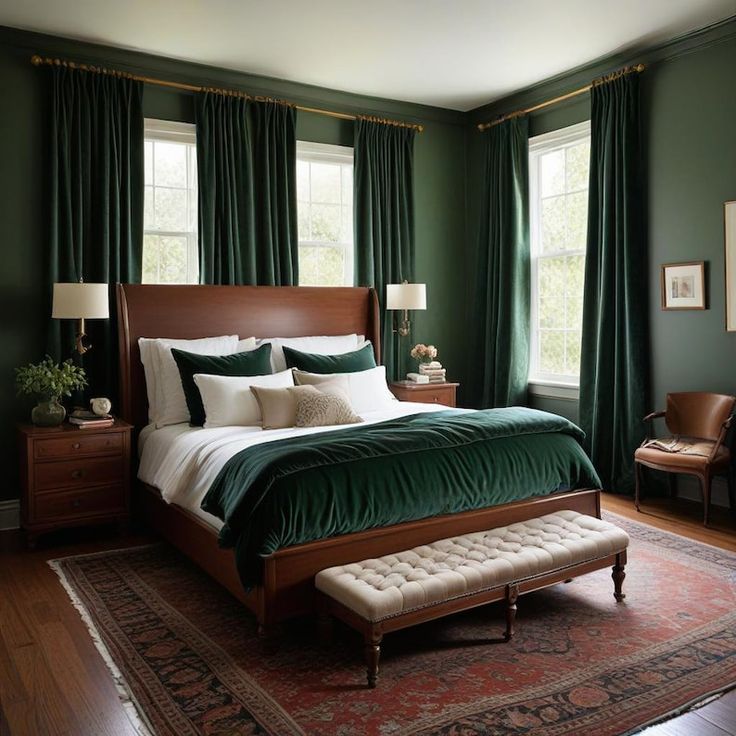 a bedroom with green curtains and a large bed in the center, along with a bench