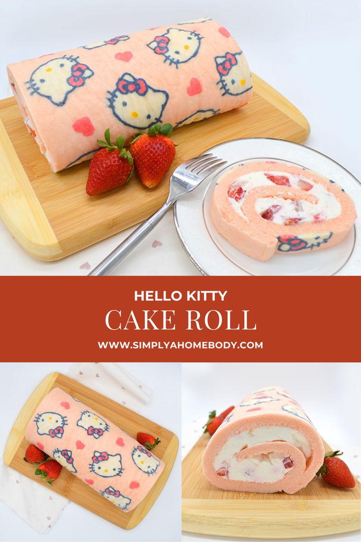 How to make Hello Kitty cake roll - A step by step recipe with a downloadable template Hello Kitty Roll Cake, Cute Swiss Roll Cake, Hello Kitty Cake Recipe, Swiss Roll Pattern Template, Sanrio Desserts Recipe, Deco Roll Cake Pattern, Decorated Swiss Roll Cake, Cake Roll Pattern, Strawberry Swiss Roll Cake