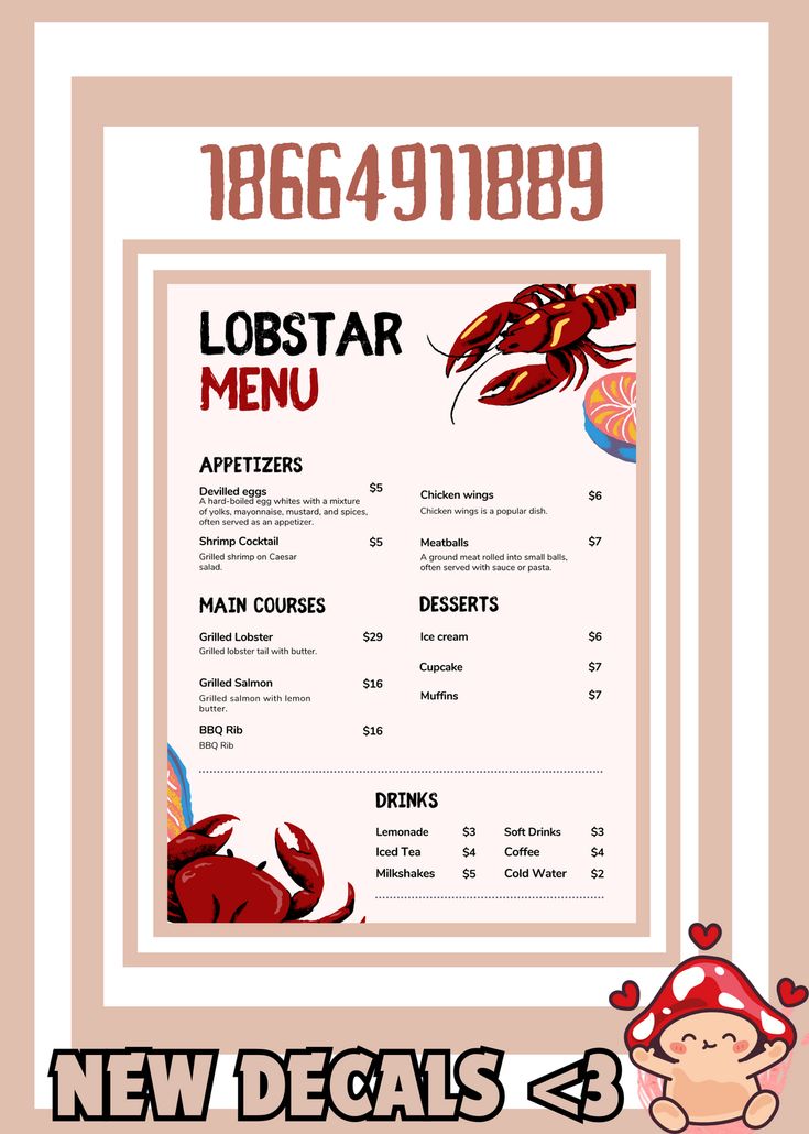 a menu with lobsters and crab on it