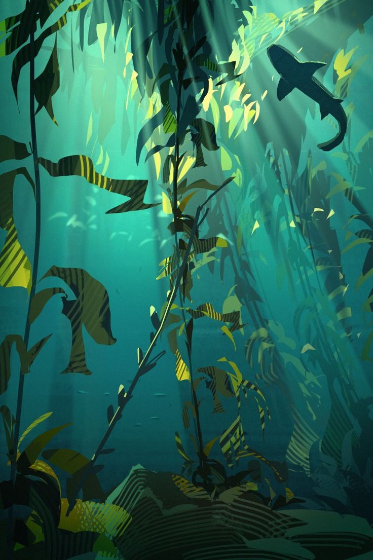 an underwater scene with fish and plants in the foreground, sunlight streaming through the water