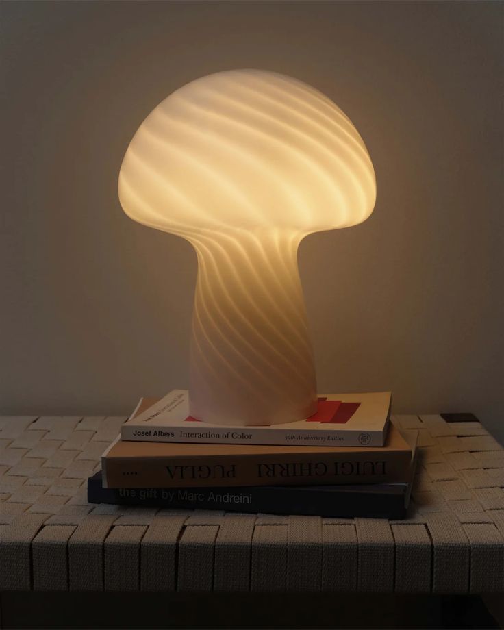 a mushroom lamp sitting on top of a table next to a stack of books and a book