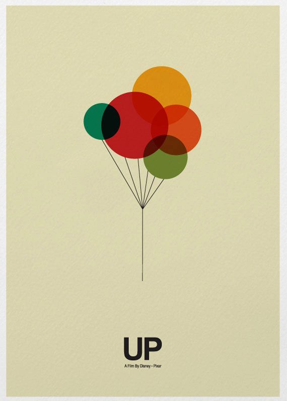 an up poster with colorful balloons on it