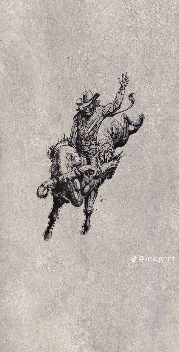 a drawing of a man riding on the back of a cow