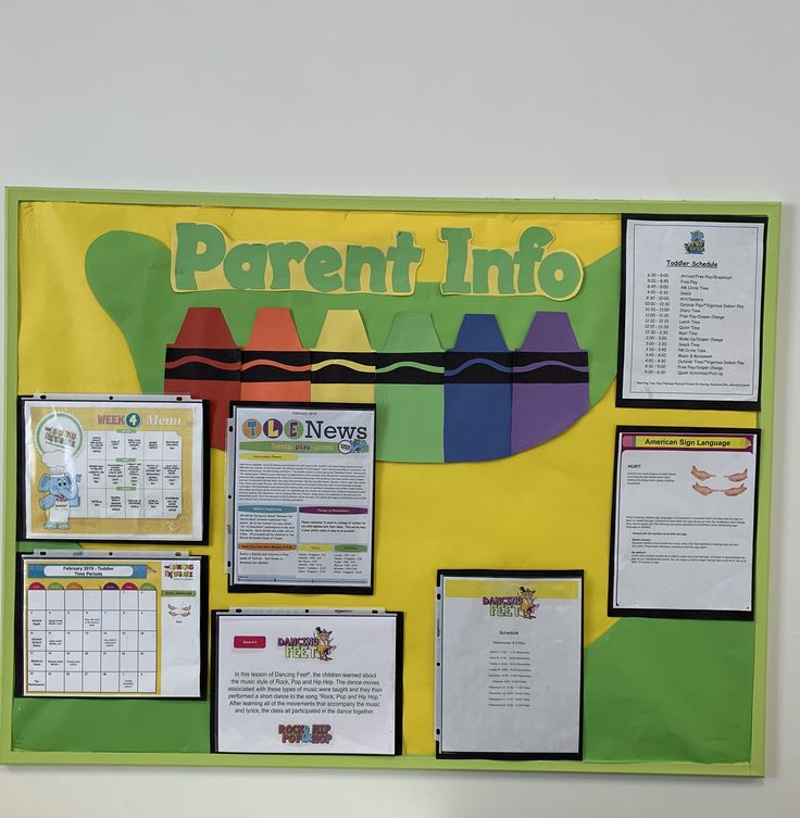 a bulletin board that has different types of papers attached to it with the words parent info on it