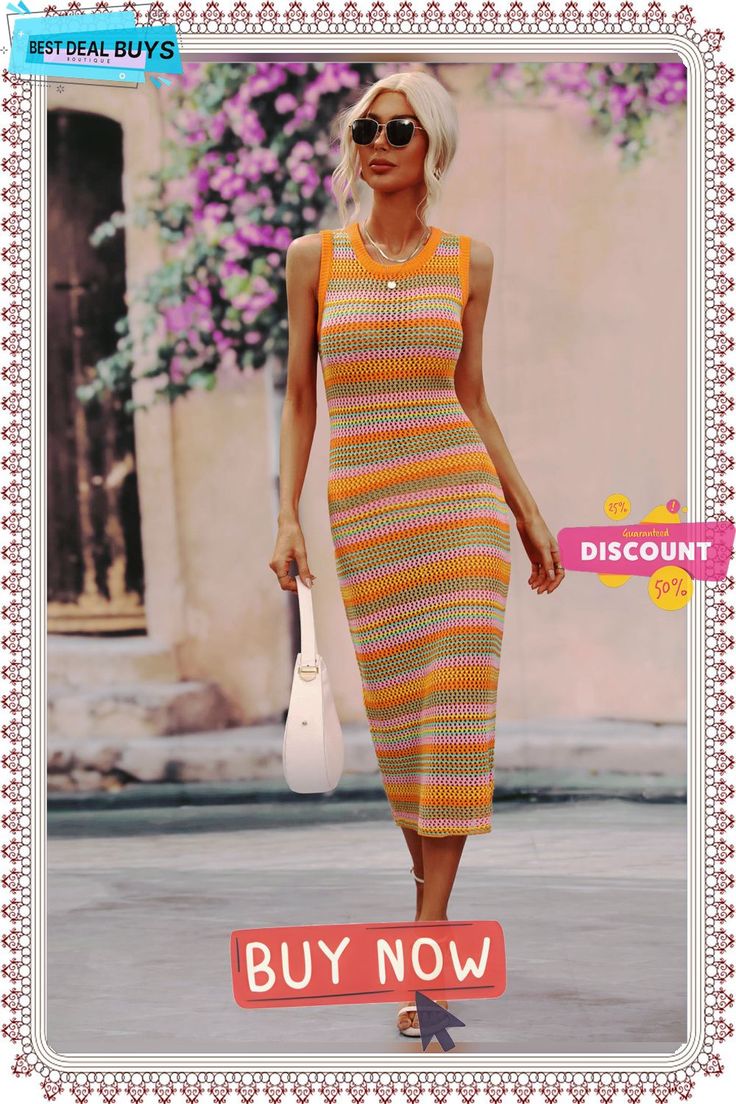 Vacays Chevron Knit Midi Dress - Orange Casual Spring Sweater Dress For Beach, Casual Summer Knit Sweater Dress, Casual Spring Sweater Dress For The Beach, Casual Ribbed Midi Dress For Beach, Casual Sleeveless Sweater Dress For Summer, Casual Knitted Sweater Dress For Summer, Casual Summer Sweater Dress For Day Out, Spring Knitted Sweater Dress, Spring Ribbed Multicolor Dress