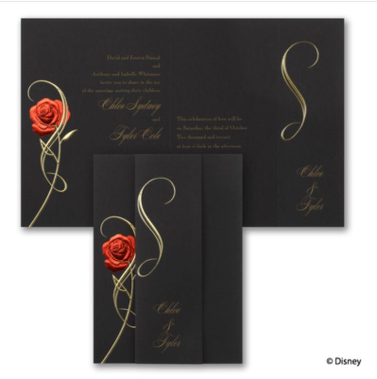 two black and gold wedding cards with red roses