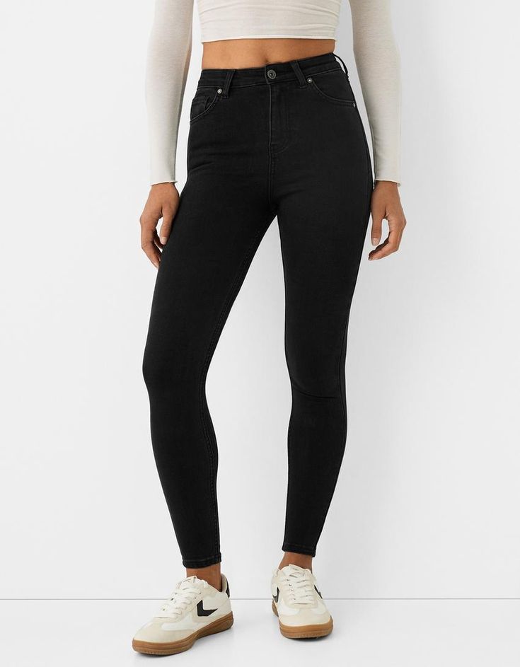 Super high-rise skinny jeans - Jeans - BSK Teen | Bershka Chic High Waist Denim Jeggings, High Rise Slim Fit Jeans For Fall, Trendy High-cut Leg Elastane Bottoms, Casual High Waist Tight Jeans, Tight Full-length Jeans For Fall, Mid-rise Tight Jeans For Fall, Tight Mid-rise Jeans For Fall, Tight High Waist Jeans, Tight High Waist Elastane Jeans