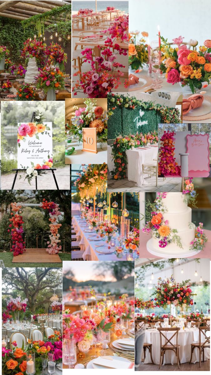 a collage of photos with flowers and wedding decorations