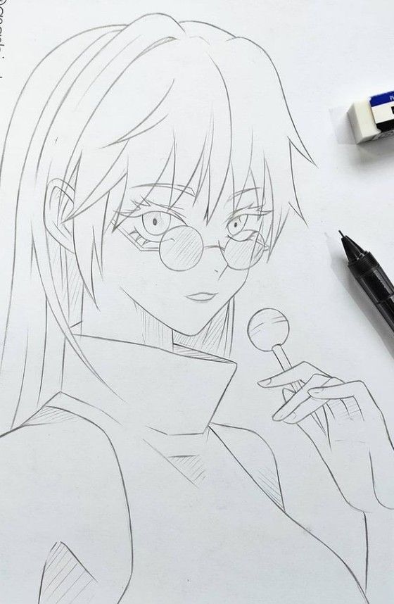 a drawing of an anime character holding a spoon in one hand and looking at the camera