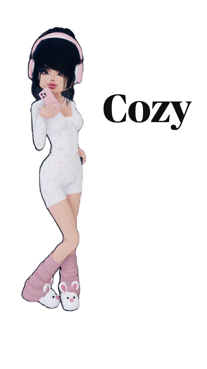 a woman with headphones on standing in front of a white background and the words cozy